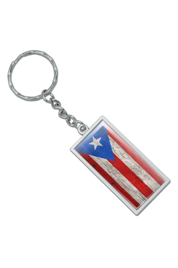 Rustic Distressed Puerto Rico Flag Wood Look Rectangle Keychain in Chrome Plated Metal