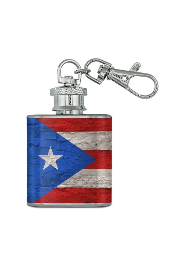 Rustic Distressed Puerto Rico Flag Wood Look Stainless Steel 1oz Mini Flask Key Chain