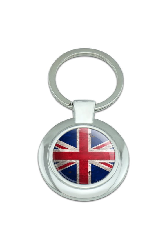 Rustic Distressed United Kingdom British Flag Keychain Classy Round Chrome Plated Metal