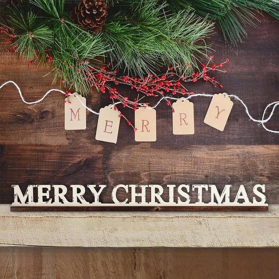 Sintosin Merry Christmas Wooden Signs for Home Decor, Rustic Distressed White Tabletop decoration, 35.8" x 2" x 3.5", Wood