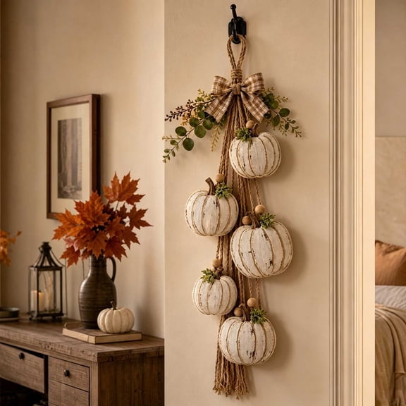Rustic Distressed White Wooden Pumpkin Door Hanger 22.8x9.4 in Fall Wall Sign Decor with Plaid Bow & Tassels for Thanksgiving Home
