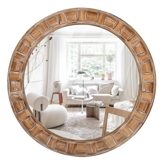 Rustic Distressed Wood Round Wall Mirror - B Circle 30x30 Inch