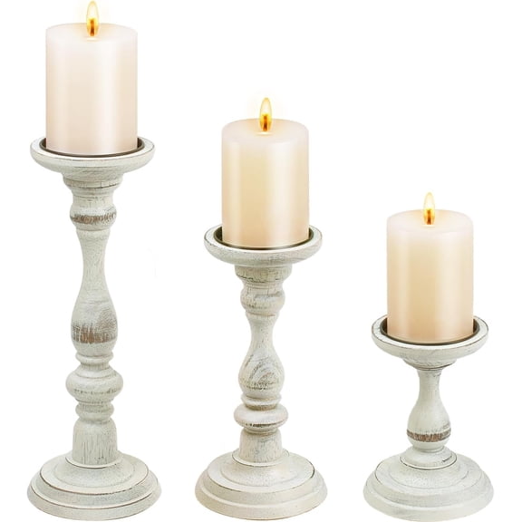 Rustic Distressed Wooden Candle Holder Set of 3 for Pillar Candles,   Candle Stands for Table Centerpieces & Living Room  Decor (Rubber (Distressed White))