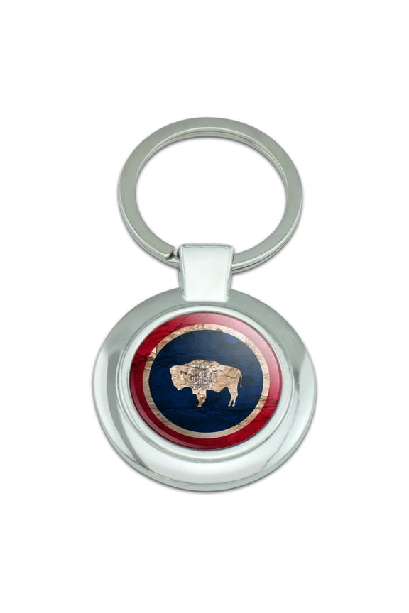 Rustic Distressed Wyoming State Flag Keychain Classy Round Chrome Plated Metal