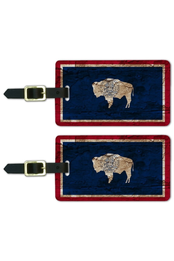 Rustic Distressed Wyoming State Flag Luggage ID Tags Suitcase Carry-On Cards - Set of 2