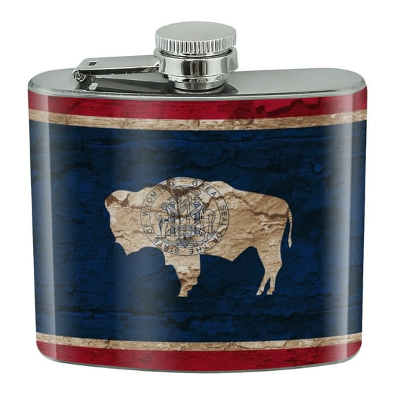Rustic Distressed Wyoming State Flag Stainless Steel 5oz Hip Drink Kidney Flask