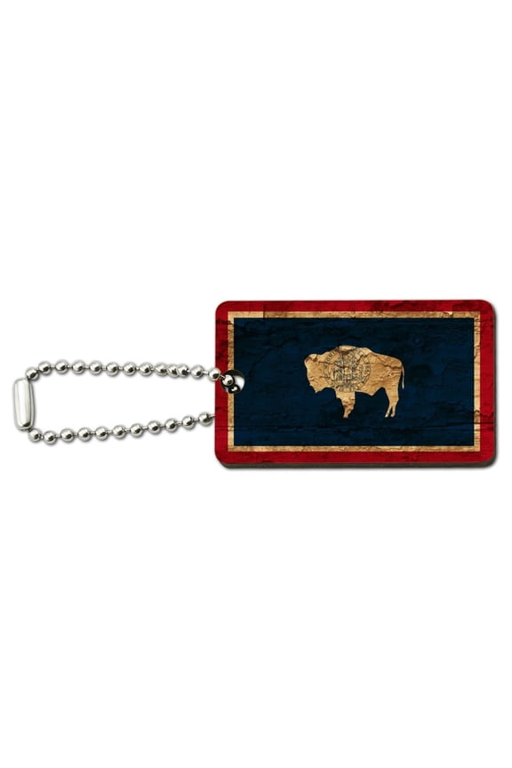 Rustic Distressed Wyoming State Flag Wood Wooden Rectangle Keychain Key Ring