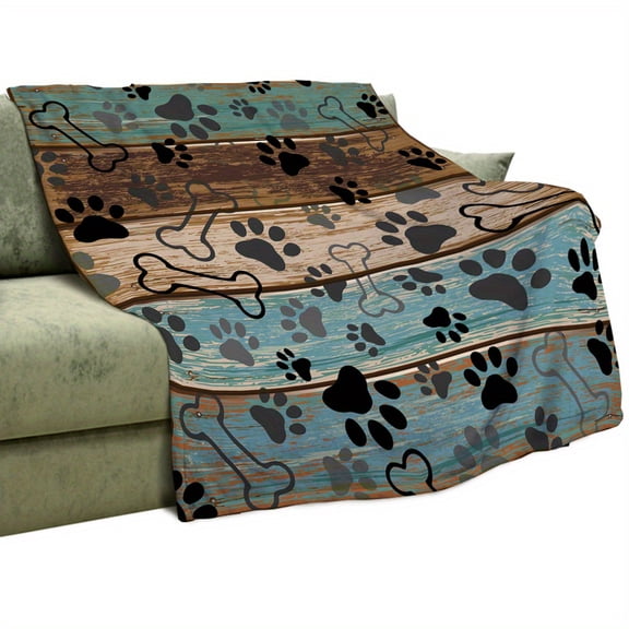 Rustic Dog Paws Prints Blanket Gifts Western Farmhouse Turquoise Wooden Puppy Paws Throw Blanket Colorful Soft Fuzzy Blankets for Couch Sofa Bed 280GSM