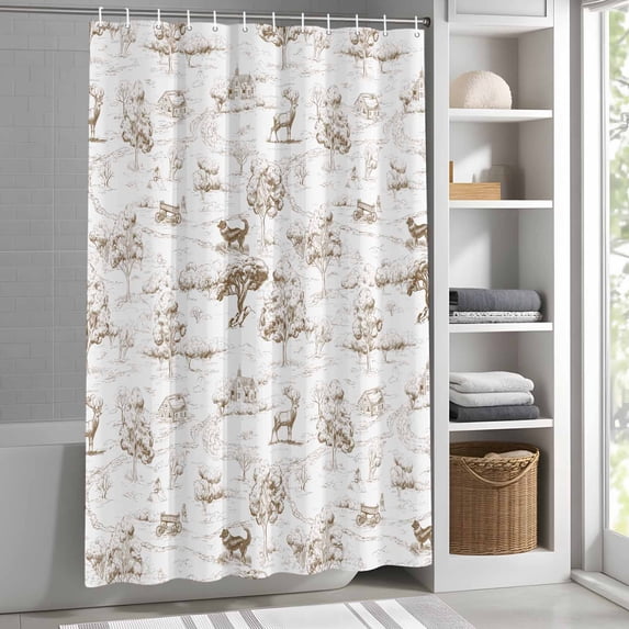 Rustic Dog Retro Deer Shower Curtain for Bathroom, Brown Line Art Tree Fabric Shower Curtain Set with Hooks, Waterproof Washable Bath Curtain for Bathroom Decor, 36"x78"