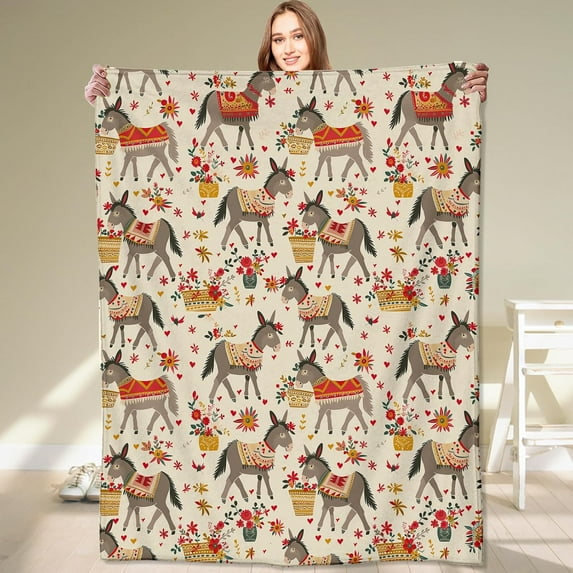 Rustic Donkey Blanket Colorful Floral Flowers Throw Blankets Gifts for Girls Boys Adults Lightweight Soft Fleece Cozy for Sofa Couch Bed Room Travel Birthday Farmhouse Decor 50x60in