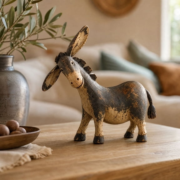 Rustic Donkey Figurine - Distressed Brown Rustic Farmhouse Tabletop Decor, Vintage Funny Donkey Statue for Shelf, Mantel, Living Room & Office, 5.9"
