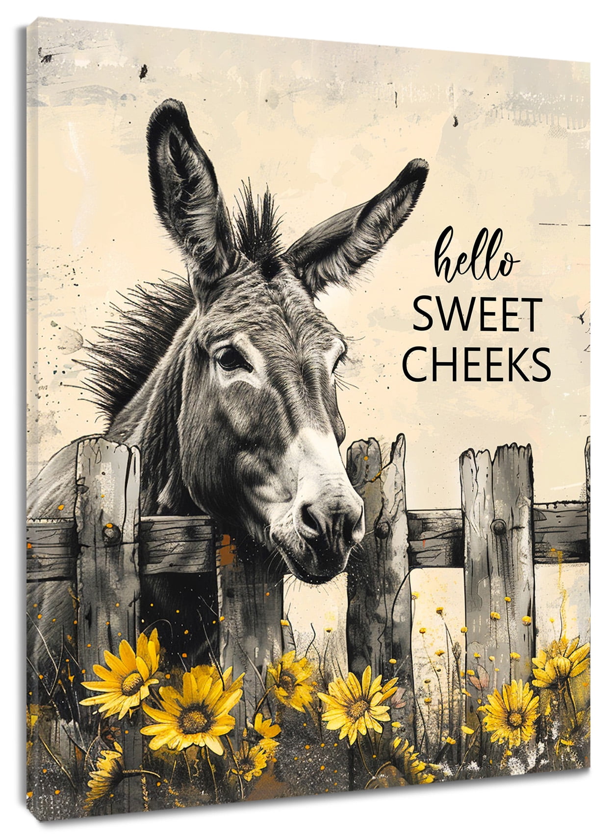 Rustic Donkey Wall Art Vintage Funny Donkey and Yellow Sunflower Canvas