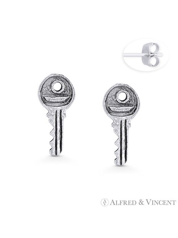 Rustic Door Key Charm Stud Earrings in Oxidized .925 Sterling Silver