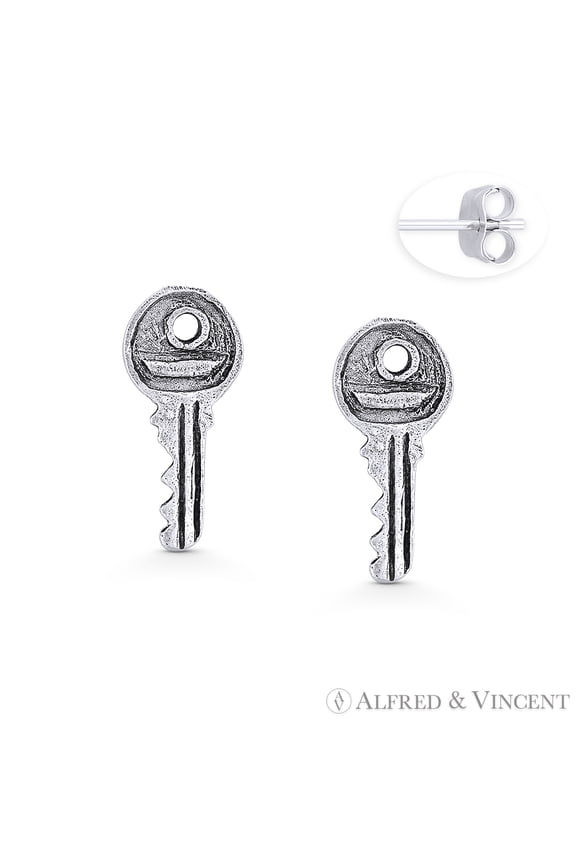 Rustic Door Key Charm Stud Earrings in Oxidized .925 Sterling Silver