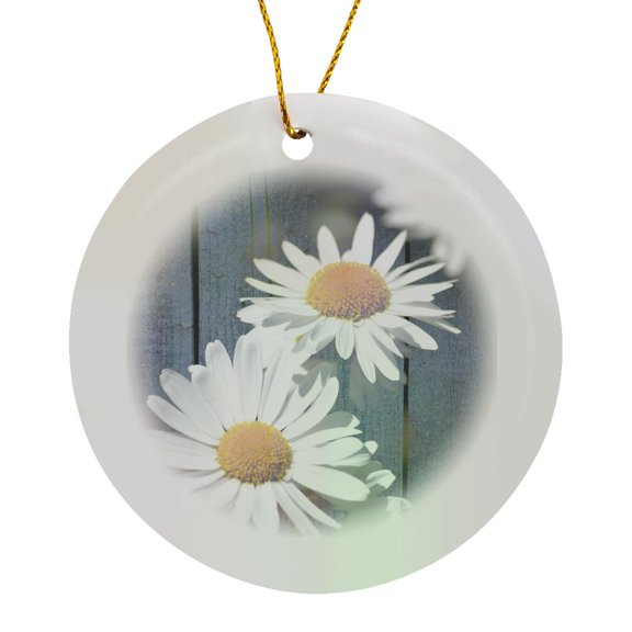 3drose, Rustic Door with Daisy Flowers - Inspired Gardens, Circle Porcelain Ornament