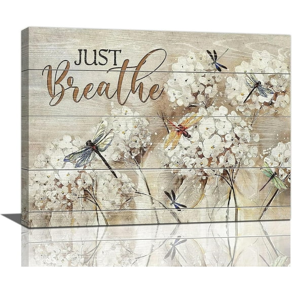 Rustic Dragonfly Hydrangea Decor Wall Art Farmhouse Flower Bathroom Just Breathe Pictures Floral Canvas Painting Framed Artwork for Living Room Bedroom 16''x12''