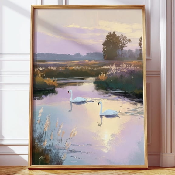 Rustic Dreamy Swan Lake Landscape Rural Pastoral Art, Unframed Paper Poster 8x10in