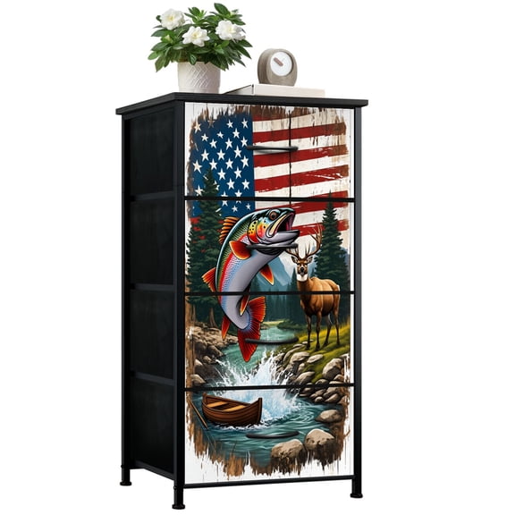 Rustic Dresser for Bedroom with 4 Storage Drawers American Flag Inspired Scene Rainbow Trout Elk Mountain Landscape Dressers Chest of Drawers Steel Framed Fabric Closet Organizers for Entryway