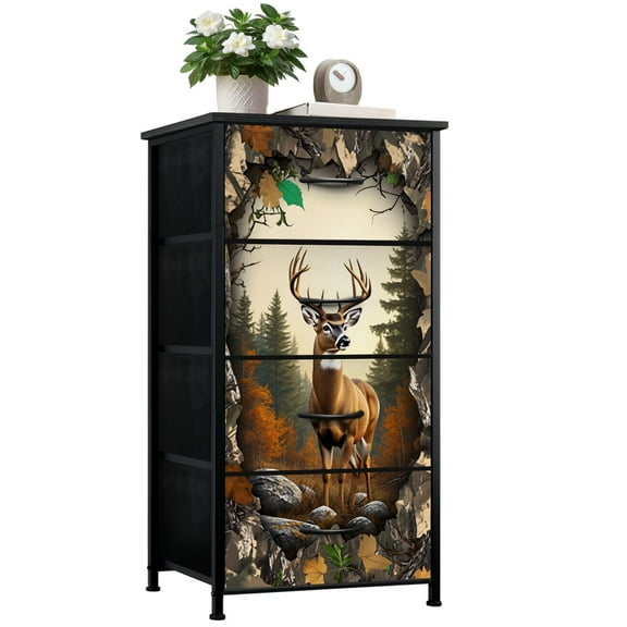 Rustic Dresser for Bedroom with 4 Storage Drawers Majestic Buck Deer Fall Forest Autumn Leaves Greenery Dressers Chest of Drawers Steel Framed Fabric Closet Organizers for Entryway Hunting Cabin