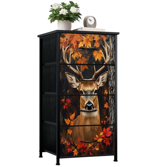 Rustic Dresser for Bedroom with 4 Storage Drawers Majestic Deer Autumn Forest Vibrant Fall Leaves Antlers Dressers Chest of Drawers Steel Framed Fabric Closet Organizers for Entryway Hunting Cabin