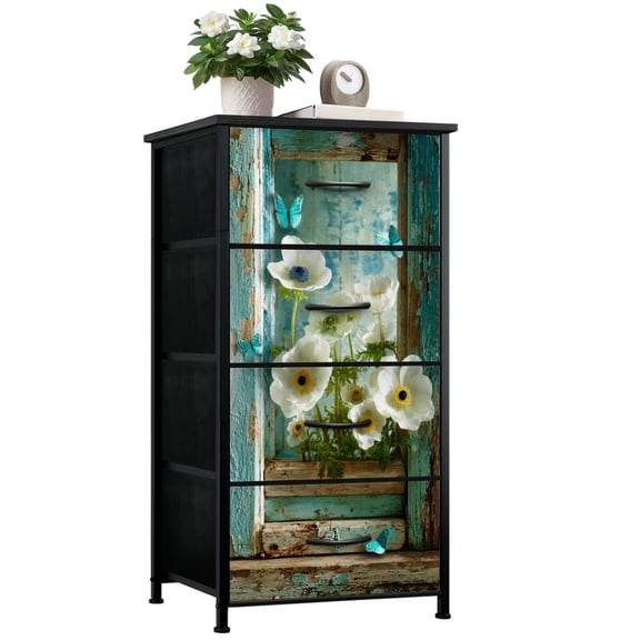 Rustic Dresser for Bedroom with 4 Storage Drawers Turquoise Window Frame Anemones Dreamy Pastel Glow Dressers Chest of Drawers Steel Framed Fabric Closet Organizers for Dorm Entryway End Table