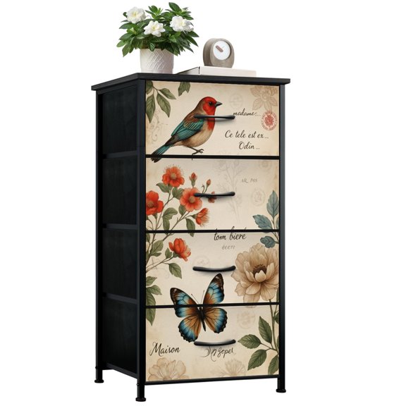 Rustic Dresser for Bedroom with 4 Storage Drawers Vintage Botanical Bird Butterfly Floral Elements Dressers Chest of Drawers Steel Framed Fabric Closet Organizers for Dorm Entryway