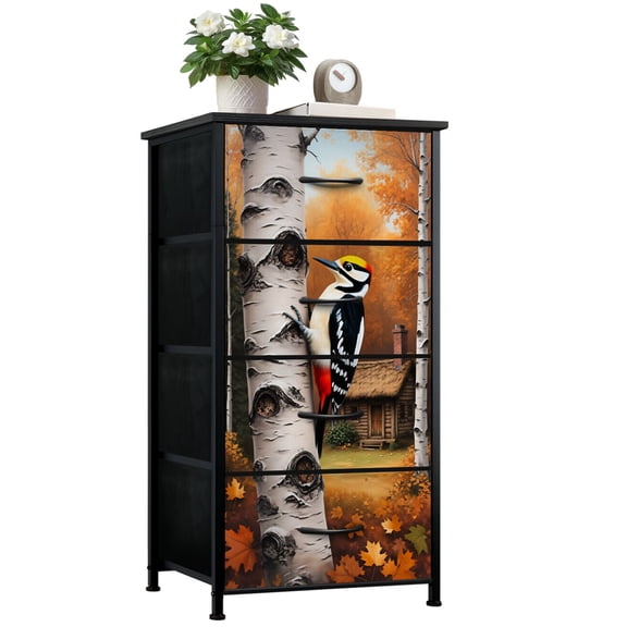 Rustic Dresser for Bedroom with 4 Storage Drawers Woodpecker Birch Tree Autumn Forest Cozy Cabin Dressers Chest of Drawers Steel Framed Fabric Closet Organizers for Entryway Hunting Cabin