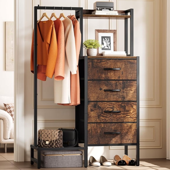 Rustic Dresser with Reversible Hanging Rack 4-Fabric-Drawer Chest, 44"H, Engineered Wood and Metal Frame