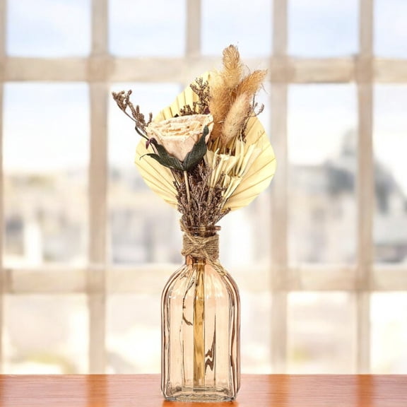 Rustic Dried Flower Bouquet in Amber Glass Bottle  Handcrafted Pampas & Palm Fan Arrangement for Boho Home Decor