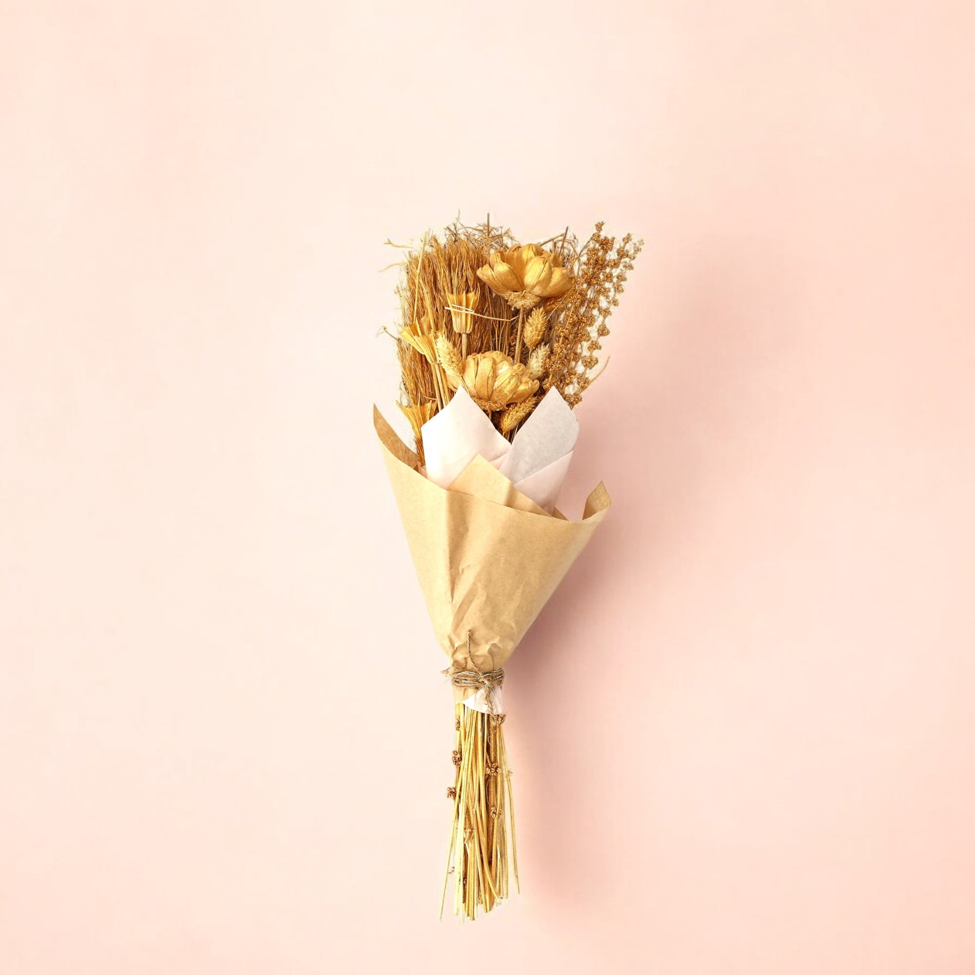 Rustic Dried Flower Bouquet in Kraft Paper Wrap – Handmade Golden Wheat & Bloom Arrangement for Home Decor & Gifting