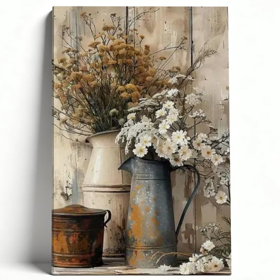 Rustic Dried Wildflowers In Vintage Metal Pitchers Framed Canvas Wall Art - Farmhouse Cottage Decor For Living Room Kitchen, Boho Floral Art Print 8*12inch(20*30cm)