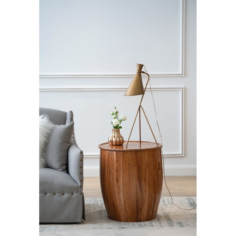 Rustic Drum Side Table with Tray Top | Living Room Accent Table | Durable Mango Wood Construction | 22x22x25 Inches - Brown