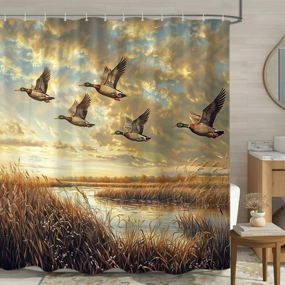 Rustic Duck Shower Curtain, Fall Camo Wildlife Ducks Camouflage Country Autumn Fabric Shower Curtains Set for Men Bathroom Decorative with Hooks Outdoor Bath Decor 60"W x 72"L (Pack of 1)