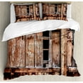thumbnail image 1 of Rustic Duvet Cover Set, Abandoned Damaged Oak Barn Door with Iron Hinges and Lateral Cracks Knock Theme, Decorative 3 Piece Bedding Set with 2 Pillow Shams, Queen Size, Pale Brown, by Ambesonne, 1 of 3