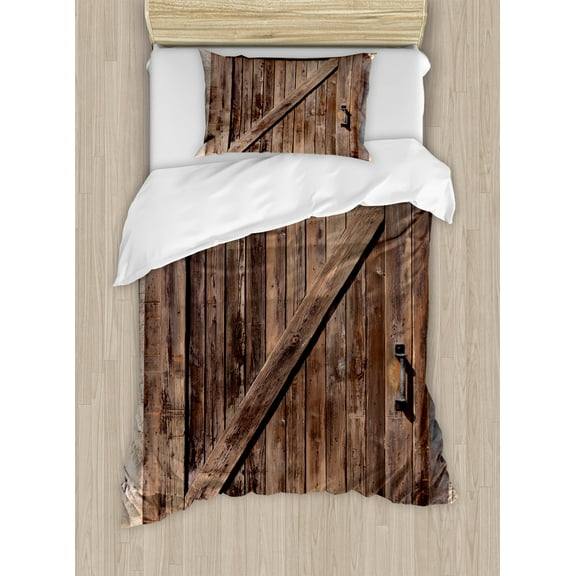 Rustic Duvet Cover Set, Aged Sliding Door Weathered Texture Vintage Style Architectural Rural Print, Decorative 2 Piece Bedding Set with 1 Pillow Shams, Twin Size, Brown, by Ambesonne