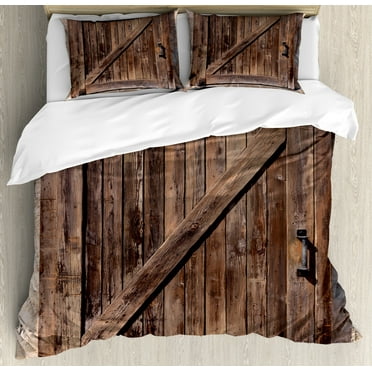 Rustic Duvet Cover Set, Aged Sliding Door Weathered Texture Vintage Style Architectural Rural Print, Decorative 3 Piece Bedding Set with 2 Pillow Shams, Calking Size, Brown, by Ambesonne