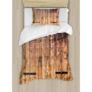 Rustic Duvet Cover Set, Antique Timber Planks in Weathered Tones Locks Vintage Style Country House Picture, Decorative 2 Piece Bedding Set with 1 Pillow Shams, Twin Size, Cream, by Ambesonne