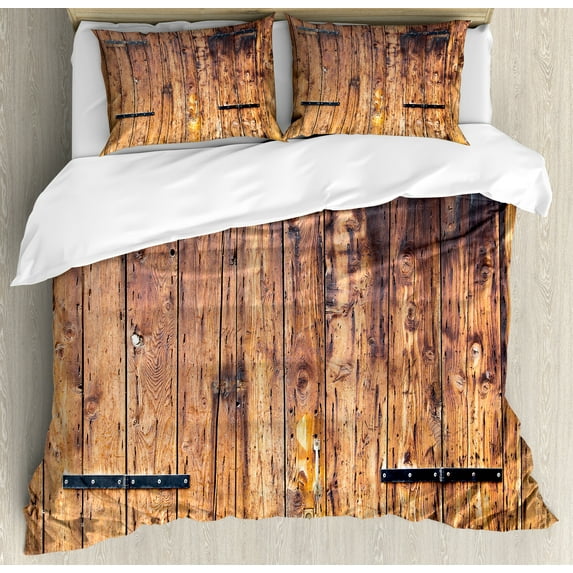 Rustic Duvet Cover Set, Antique Timber Planks in Weathered Tones Locks Vintage Style Country House Picture, Decorative 3 Piece Bedding Set with 2 Pillow Shams, Queen Size, Cream, by Ambesonne