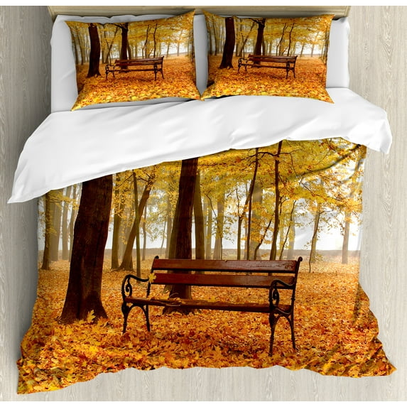 Rustic Duvet Cover Set, Rustic Bench in Orange Pale Autumn Park Mist Day November Love Fall Season Photo, Decorative 3 Piece Bedding Set with 2 Pillow Shams, Queen Size, Orange Brown, by Ambesonne