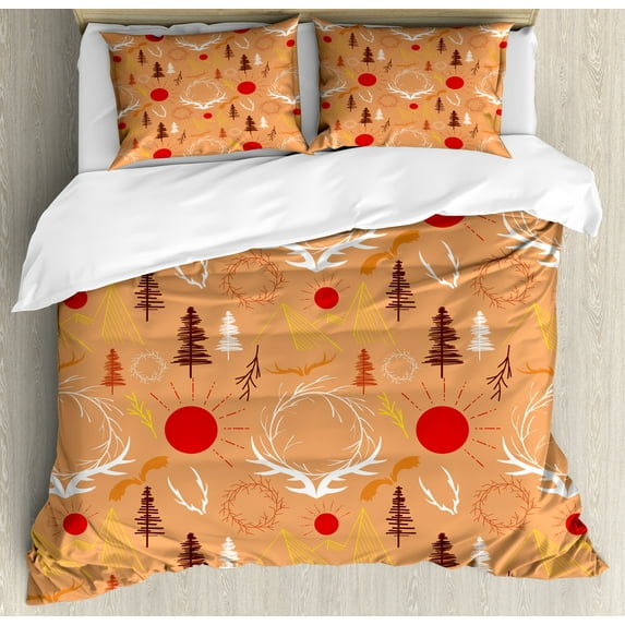 Rustic Duvet Cover Set, Boho Antler Sun and Mountain Elements in Landscape Continuous Pattern, Decorative 3 Piece Bedding Set with 2 Pillow Shams, King Size, Dark Peach and Multicolor, by Ambesonne