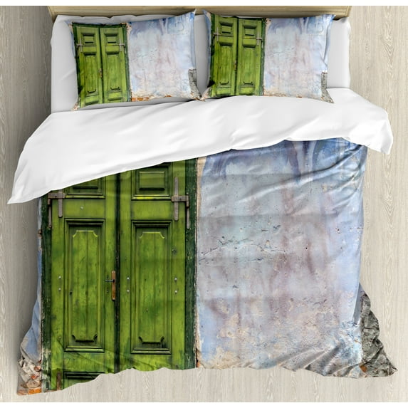 Rustic Duvet Cover Set, Colored House a Pastel Weathered Door Old Days Back Then Buildings Photo, Decorative 3 Piece Bedding Set with 2 Pillow Shams, King Size, Blue Green, by Ambesonne