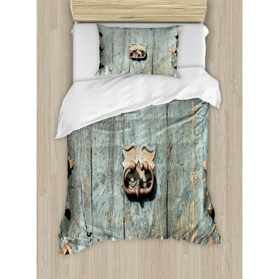 Rustic Duvet Cover Set, European with Rusty Old Door Knocker Gothic Medieval Times Spanish Style, Decorative 2 Piece Bedding Set with 1 Pillow Shams, Twin Size, Turquoise, by Ambesonne
