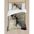 thumbnail image 1 of Rustic Duvet Cover Set, Grapes in Wooden Wicker Baskets Photo Harvest Time Grunge Cottage Rural Country, Decorative 2 Piece Bedding Set with 1 Pillow Shams, Twin Size, Purple Brown, by Ambesonne, 1 of 3