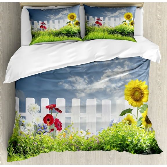 Rustic Duvet Cover Set, Grass Foliage Field Sunflowers Daisy Hedge Fence Yard Jardin Nature Art, Decorative 3 Piece Bedding Set with 2 Pillow Shams, King Size, White Green Blue, by Ambesonne