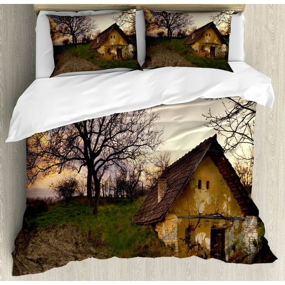Rustic Duvet Cover Set King Size, Battered Stone House in a Field Messy Shed Building Provincial Pastoral Concept, Decorative 3 Piece Bedding Set with 2 Pillow Shams, Multicolor, by Ambesonne