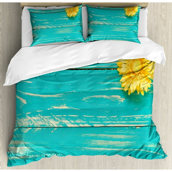Rustic Duvet Cover Set King Size, Flower on Vintage Wooden Backplane Floral Beauty Redolence Springtime Nature, Decorative 3 Piece Bedding Set with 2 Pillow Shams, Turqouise Yellow, by Ambesonne