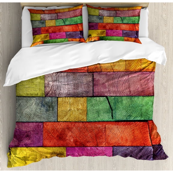 Rustic Duvet Cover Set King Size, Vivid Colored Several Equally Pieced Timber Construction Vertical Column Countryside, Decorative 3 Piece Bedding Set with 2 Pillow Shams, Multicolor, by Ambesonne
