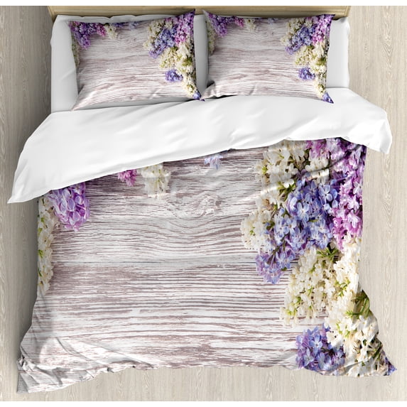 Rustic Duvet Cover Set, Lilac Flowers Bouquet on Wood Table Spring Nature Romance Love Theme, Decorative 3 Piece Bedding Set with 2 Pillow Shams, Queen Size, Lilac Violet Dark Taupe, by Ambesonne
