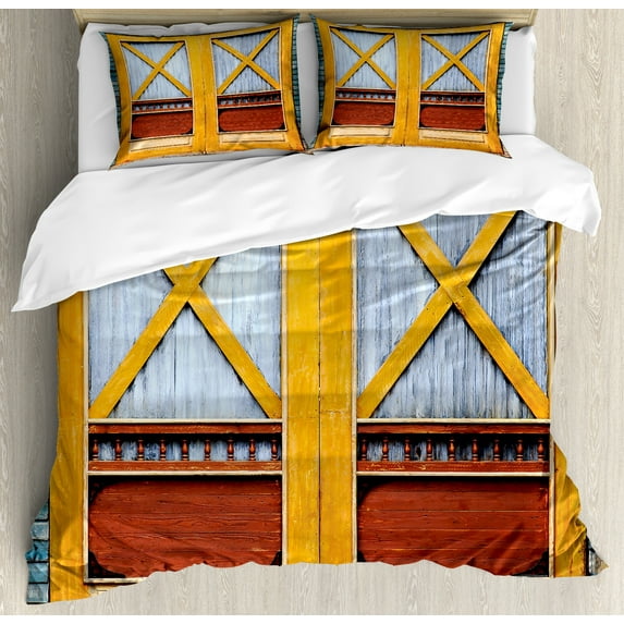 Rustic Duvet Cover Set, Lumber Door of Urban House in Town Classic Featured Nostalgic Themed Print, Decorative 3 Piece Bedding Set with 2 Pillow Shams, King Size, Orange and Blue, by Ambesonne