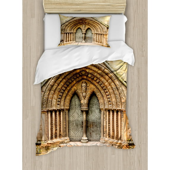 Rustic Duvet Cover Set, Medieval Middle Age Door Exit with Gothic Ornate Features Britain Theme, Decorative 2 Piece Bedding Set with 1 Pillow Shams, Twin Size, Cream, by Ambesonne